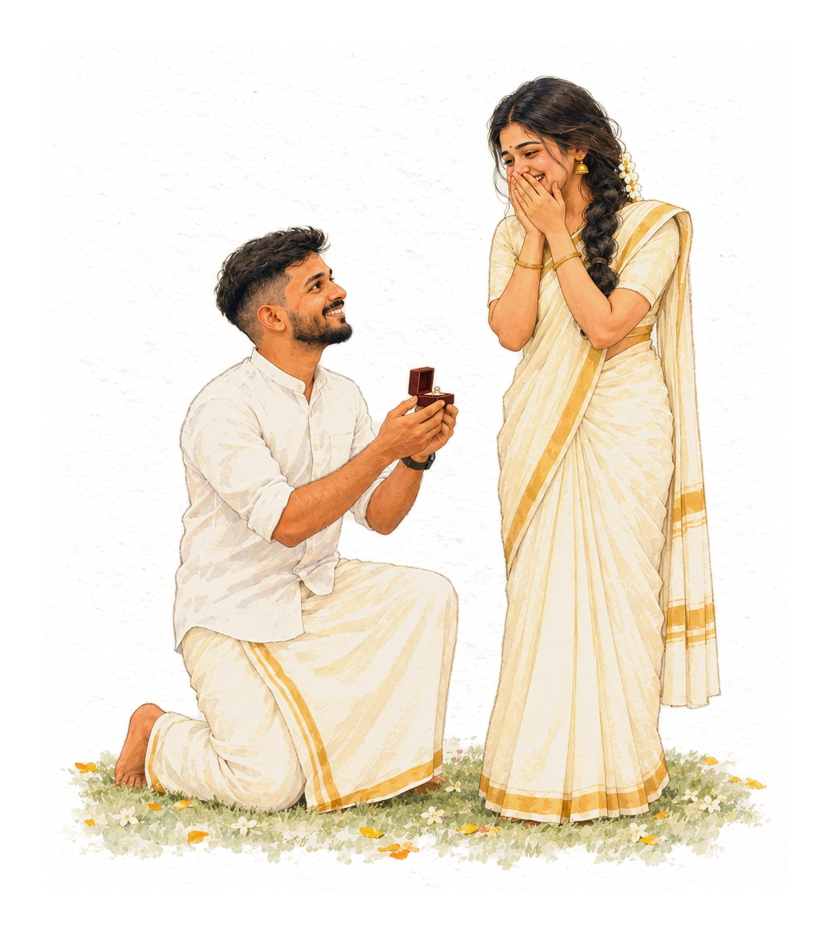 Vipin on one knee, proposing to Abhirami