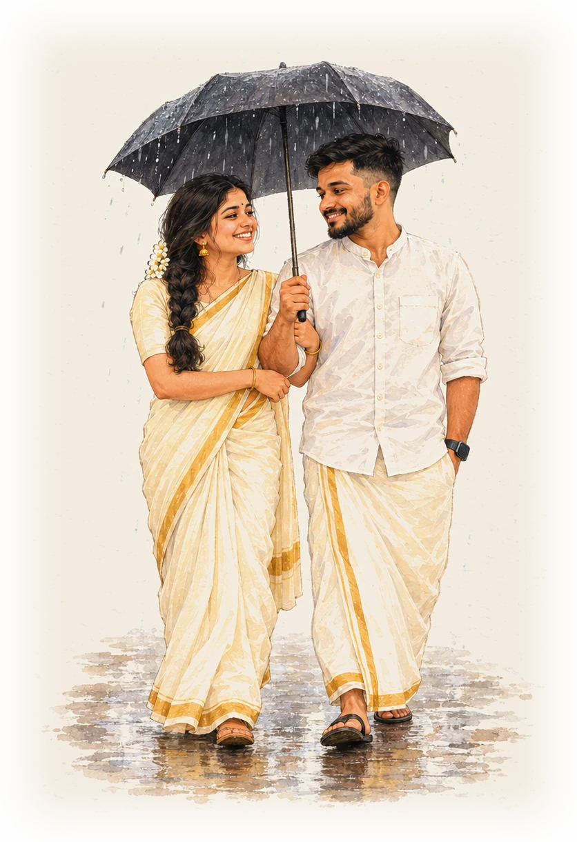 Sharing an umbrella in the rain