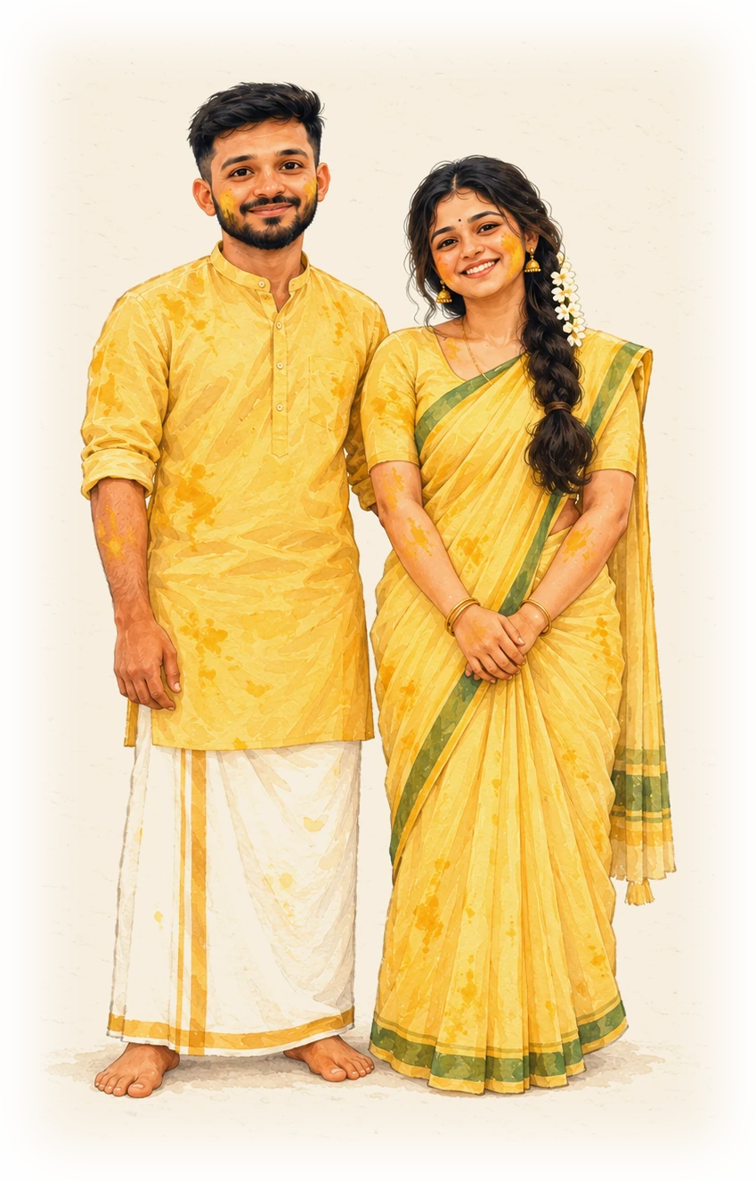 Vipin and Abhirami in yellow for the haldi