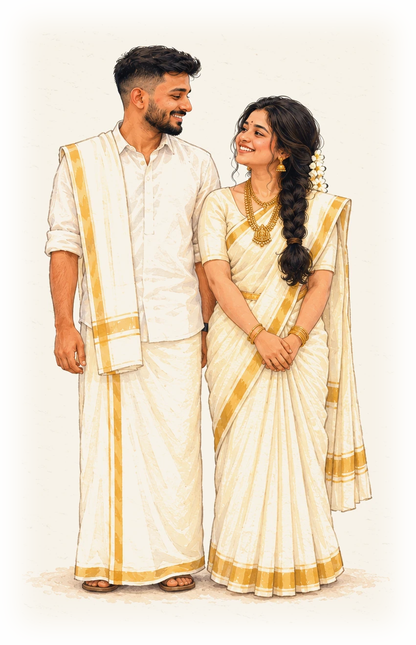 Vipin and Abhirami in kasavu for the wedding